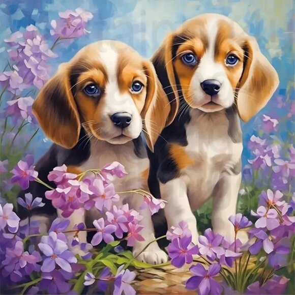 Two Playful Puppies in Flower Garden Diamond Painting Kit - Picture 1 of 1